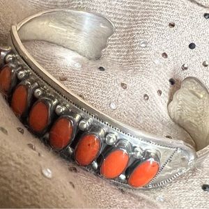 Coral and sterling silver Navajo RB stamped bracelet cuff